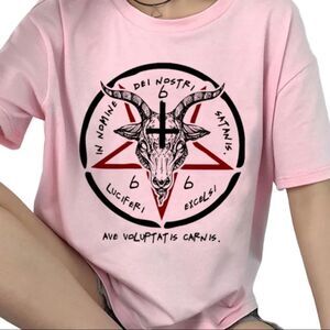 Pink Short Sleeve Graphic Goat Head Skulls Star Tee T-Shirt NEW